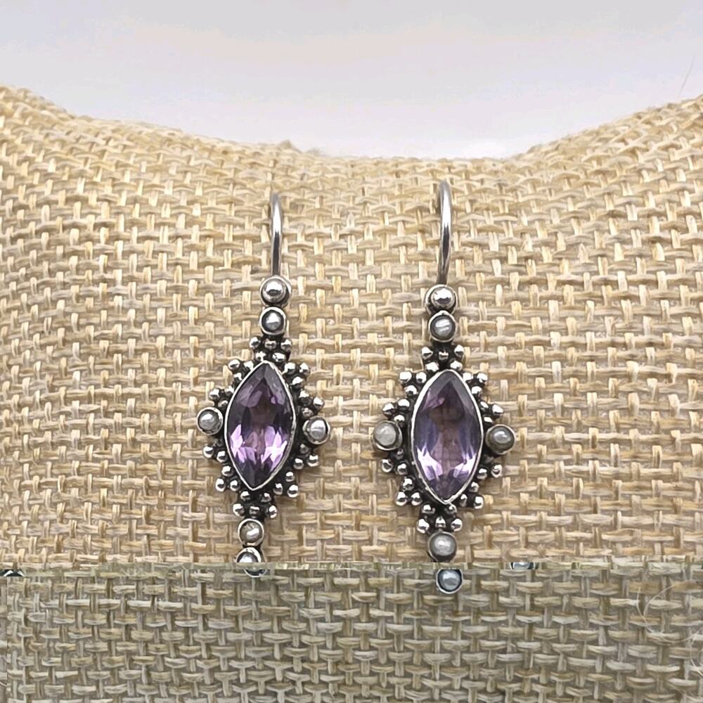 Sterling 925 Silver Amethyst Bali Style Dangle Earrings
